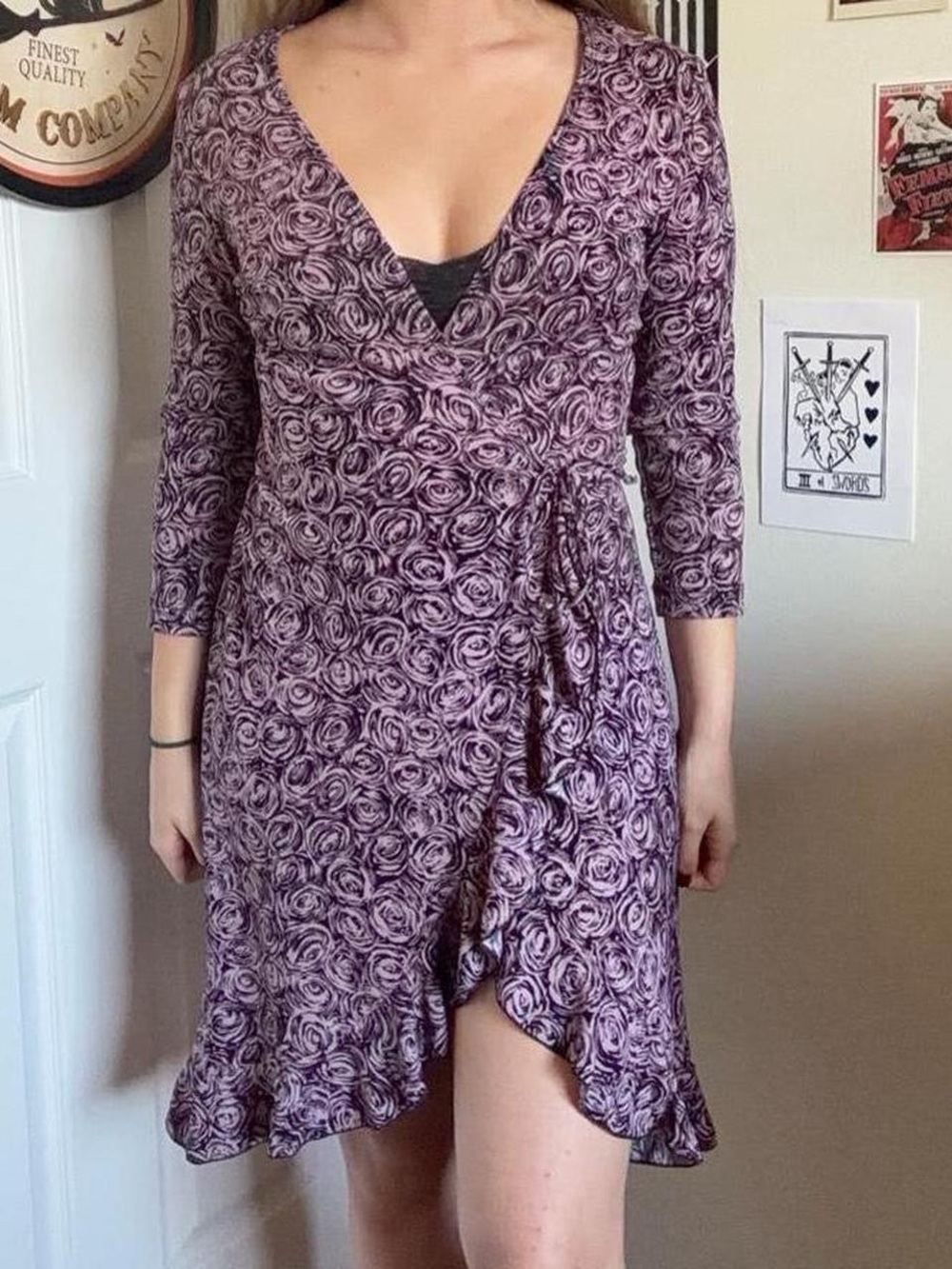 BCBGMaxAzria Lavender Rose-Print Long Sleeve Wrap Dress